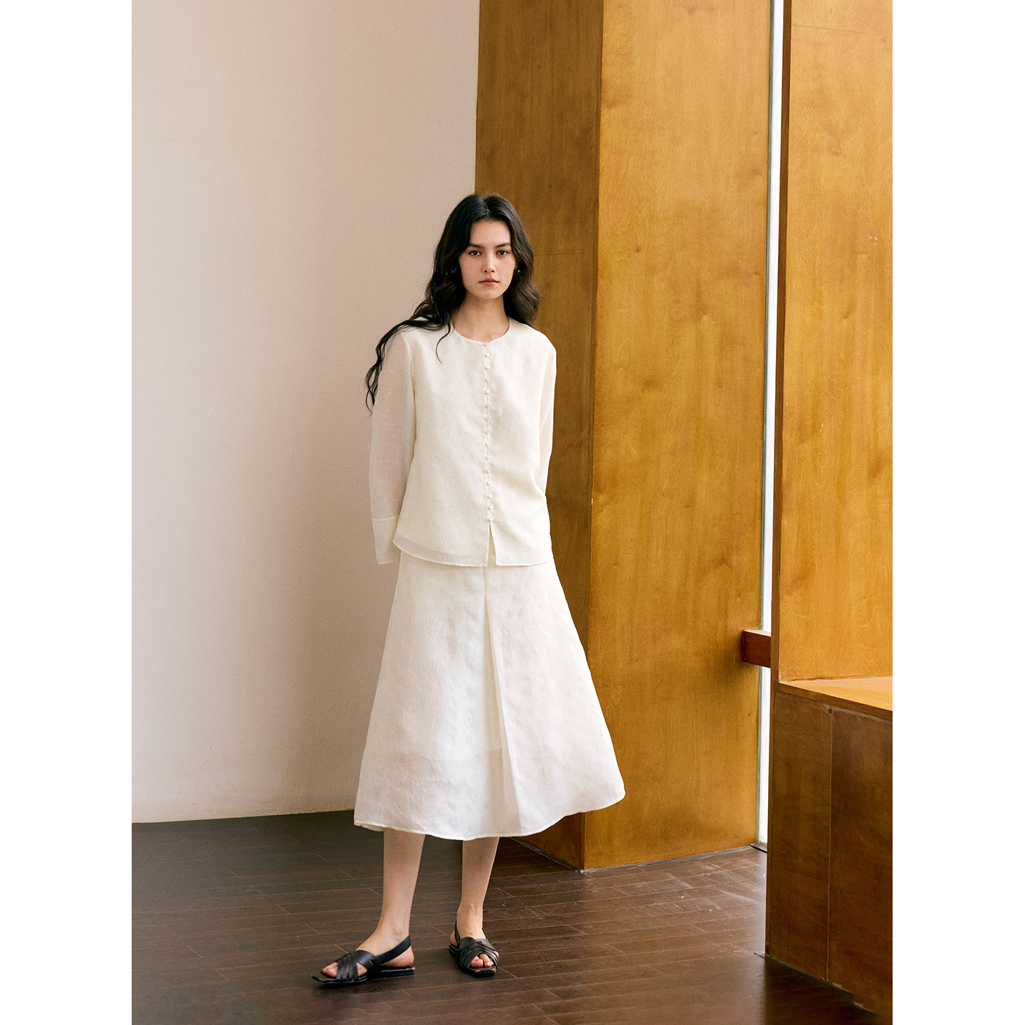 HeyDress网纱提花圆领外套/网纱提花A摆半裙