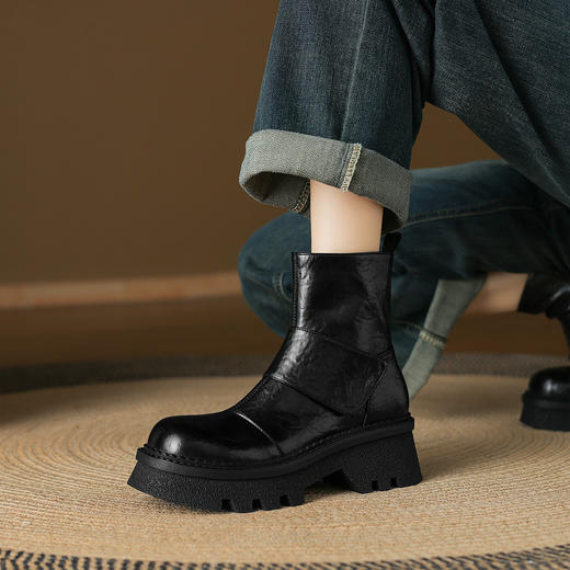 阿么手工女鞋厚底秋冬百搭英伦风短靴显高不累脚复古时装靴5.5CM 商品图1
