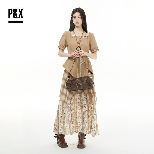 P&X设计师女装2025秋季拼接复古梭织连衣长裙 825308102 卡其 商品图1