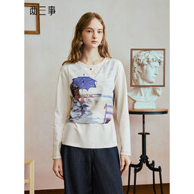 两三事一伞烟雨2025秋季新款休闲印花布拼接后背绑带假两件t恤女