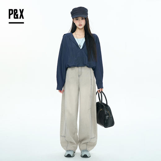 P&X设计师女装2025秋季长袖衬衫百搭假两件小衫825328095 深蓝 商品图3