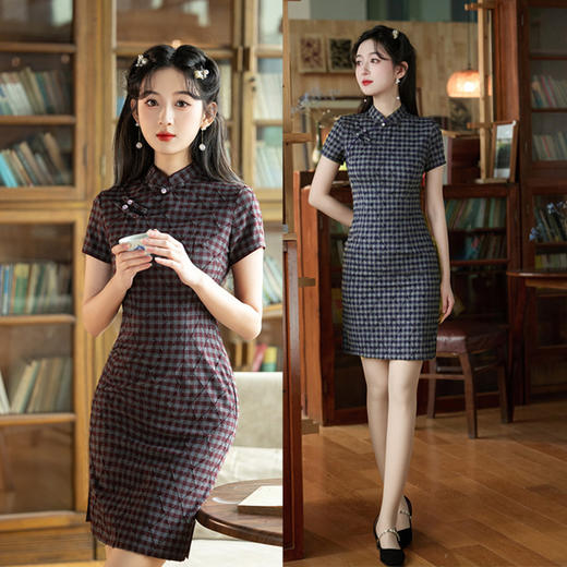 SYK13447风蓝色格子短款旗袍2025年夏季新中式国风修身显瘦少女款旗袍 商品图0