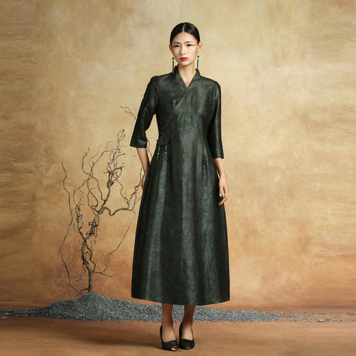 吉祥衣家新中式国风新款高端气质修身女装墨怀若谷高定真丝连衣裙 商品图0
