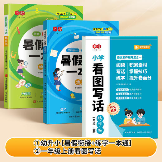 （会员）2025暑假衔接一本通+暑假练字（幼升小、一升二、二升三）语文数学英语30天打卡计划+作文练字帖 商品图0