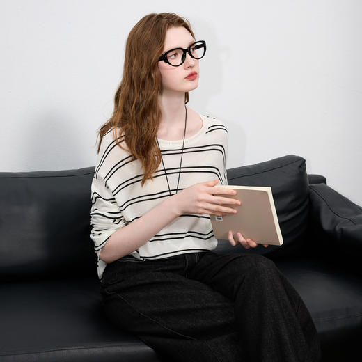 三彩2025秋季新款圆领针织衫落肩袖毛衫宽松条纹套头衫M 商品图3