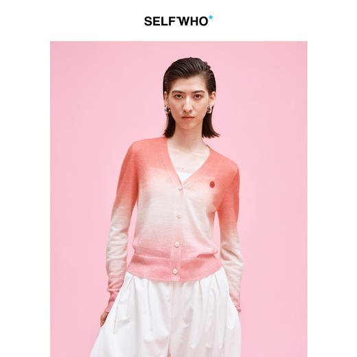 SELFWHO笑脸衣橱羊毛马海毛渐变撞色针织衫女2025秋新款V领短开衫 商品图3