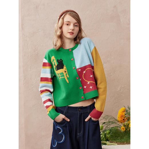 两三事梵高文艺绿里花火2025秋季新款复古拼色猫咪图案针织开衫女 商品图1