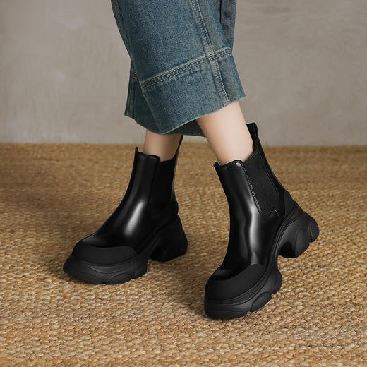 阿么手工女鞋低帮厚底切尔西靴冬季新款女英伦风舒适休闲短靴7CM 商品图1