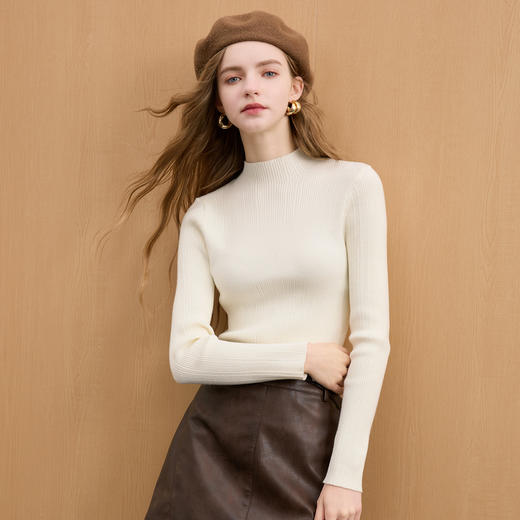 三彩2025冬季新款纯色坑条针织衫半高领修身打底衫长袖M 商品图2