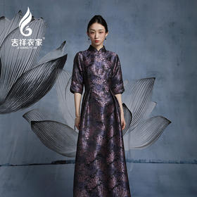 吉祥衣家新中式国风真丝新款气质显瘦修身女装红紫斗芳菲连衣裙