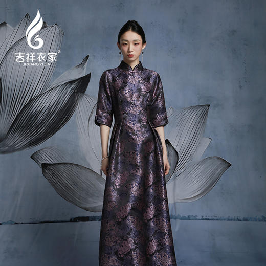吉祥衣家新中式国风真丝新款气质显瘦修身女装红紫斗芳菲连衣裙 商品图0