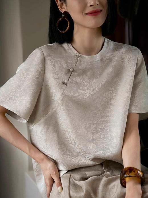 【百图lulu定制】【雾海听松上衣】新中式 新中式 提花 斜襟 盘扣 短袖上衣 商品图9