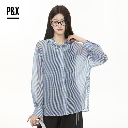 P&X设计师女装2025秋季衬衫格子宽松连帽衬衣 825205079A 蓝格 商品图0