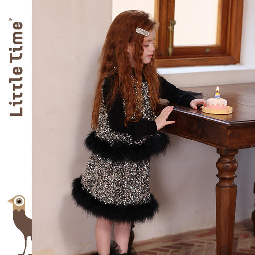 littletime女童套装2025新款儿童洋气亮片背心毛毛半裙女孩两件套 商品图1