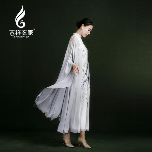 吉祥衣家轻薄真丝复古新中式国风水墨画气质女装素水流淌连衣裙 商品图2