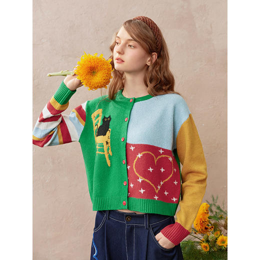 两三事梵高文艺绿里花火2025秋季新款复古拼色猫咪图案针织开衫女 商品图2