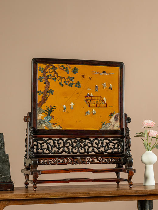 清	红木镶漆地百宝嵌婴戏图大插屏 商品图0