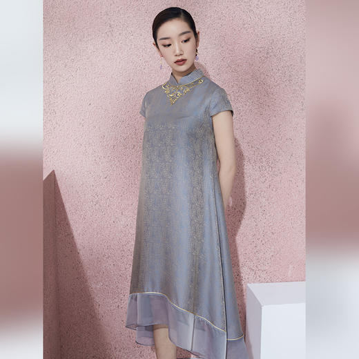 吉祥衣家新中式国风夏款桑蚕丝高端气质修身显瘦女装朝夕连衣裙 商品图3