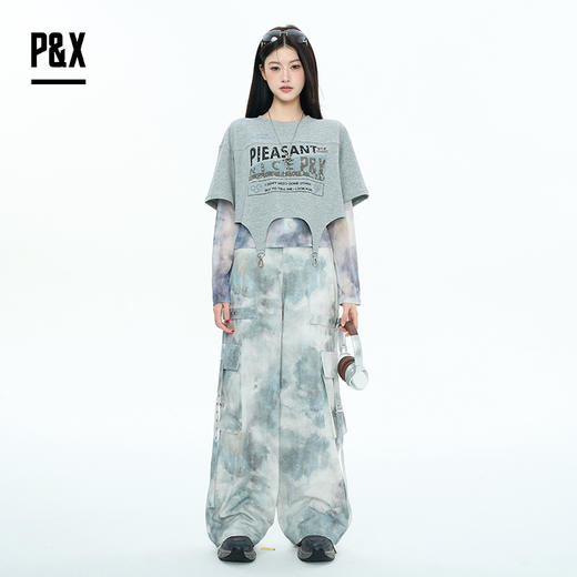 P&X设计师女装2025秋季T恤套头两件套短款上衣825315175X
 灰色 商品图2