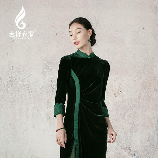 吉祥衣家新中式国风复气质显瘦修身女装春来江水绿如蓝真丝连衣裙 商品图3