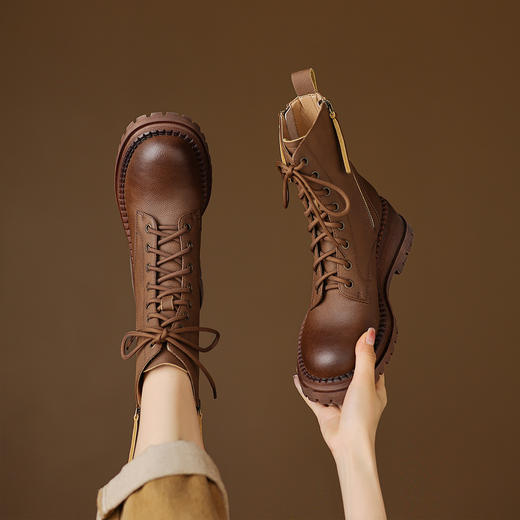 阿么手工女鞋英伦风复古马丁靴2025新款百搭侧拉链时尚短靴5.5CM 商品图3