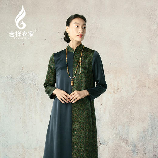 吉祥衣家新中式国风高端气质显瘦修身女装花常逐月红真丝连衣裙 商品图1