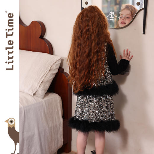 littletime女童套装2025新款儿童洋气亮片背心毛毛半裙女孩两件套 商品图4