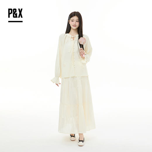 P&X设计师女装2025秋季法式绣花奶油衬衫插肩袖 825305267 杏色 商品图1