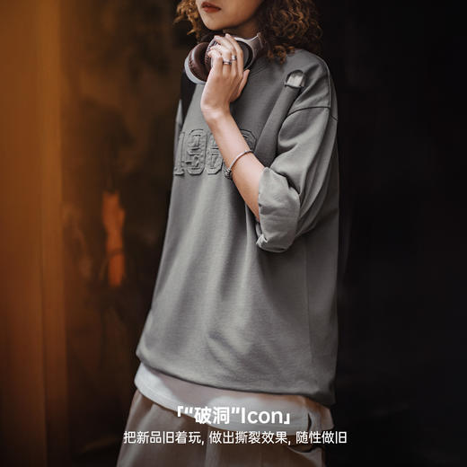 马登美式灰色纯棉薄款水洗做旧套头宽松落肩长袖T恤上卫衣女士秋 商品图2