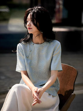 【百图lulu定制】【雾海听松上衣】新中式 新中式 提花 斜襟 盘扣 短袖上衣