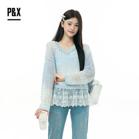P&X设计师女装2025秋季打底镂空针织衫两件套上衣825315181 蓝/白