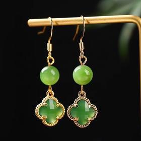 【预售3天】天然和田碧玉圆珠8mm原创DIY款碧玉四叶草耳坠简约AL6278