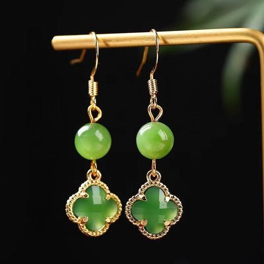 【预售3天】天然和田碧玉圆珠8mm原创DIY款碧玉四叶草耳坠简约AL6278 商品图0