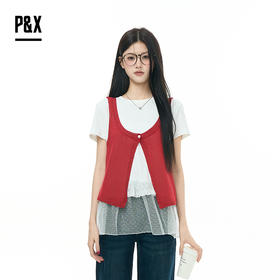 P&X设计师女装2025秋季T恤叠穿两件套短款上衣825315177 白/红