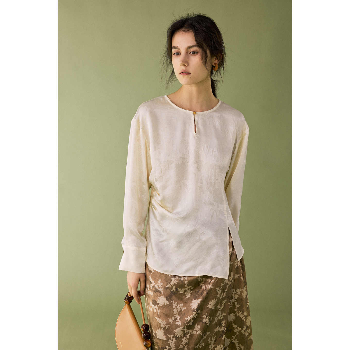 HeyDress提花缎面开衩衬衫