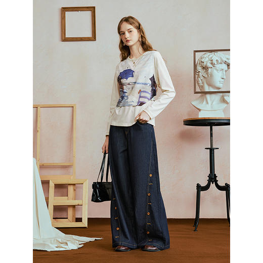 两三事一伞烟雨2025秋季新款休闲印花布拼接后背绑带假两件t恤女 商品图3