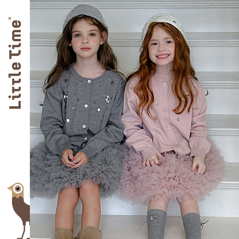 littletime女童毛衣2025秋冬新款儿童洋气手工亮片针织开衫上衣