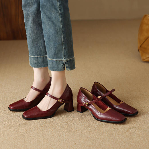 【预售5天】两种跟高~羊皮玛丽珍女鞋方头粗跟中跟低帮鞋复古浅口单鞋小皮鞋XH&F7321 商品图4