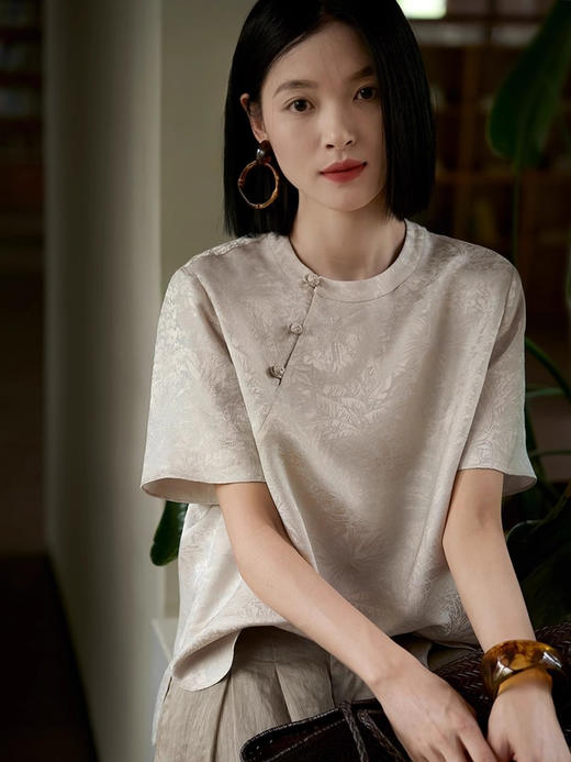 【百图lulu定制】【雾海听松上衣】新中式 新中式 提花 斜襟 盘扣 短袖上衣 商品图8