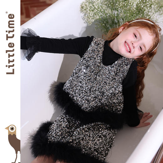 littletime女童套装2025新款儿童洋气亮片背心毛毛半裙女孩两件套 商品图3