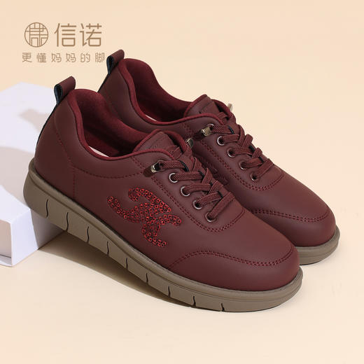 信诺酒红色妈妈鞋中老年舒适软底单鞋休闲平底皮鞋女2025秋季新款5Q2612-3T 商品图0