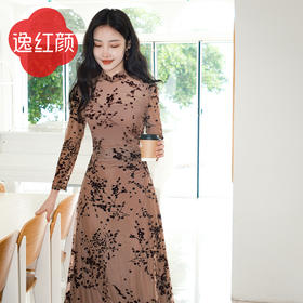 上海逸红颜染脂2025年春装新品弹力针织植绒旗袍改良版连衣裙女