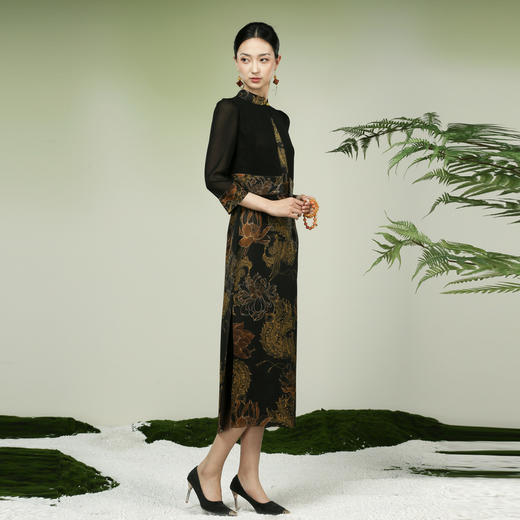 吉祥衣家新中式国风高定真丝高端气质显瘦修身女装凤舞荷韵连衣裙 商品图1