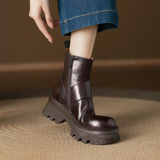 阿么手工女鞋厚底秋冬百搭英伦风短靴显高不累脚复古时装靴5.5CM 商品图4