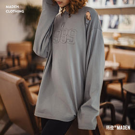 马登美式灰色纯棉薄款水洗做旧套头宽松落肩长袖T恤上卫衣女士秋