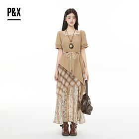 P&X设计师女装2025秋季拼接复古梭织连衣长裙 825308102 卡其