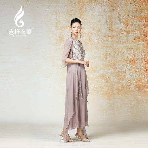 吉祥衣家新中式国风高定真丝气质显瘦修身女装盈盈一水间连衣裙 商品图1