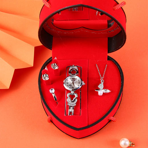 情人节优选！【浪漫惊喜，饰品五件套~】七夕情人节礼品套装 手表耳钉戒指项链生日爱心礼盒 饰品礼盒-QB 商品图2