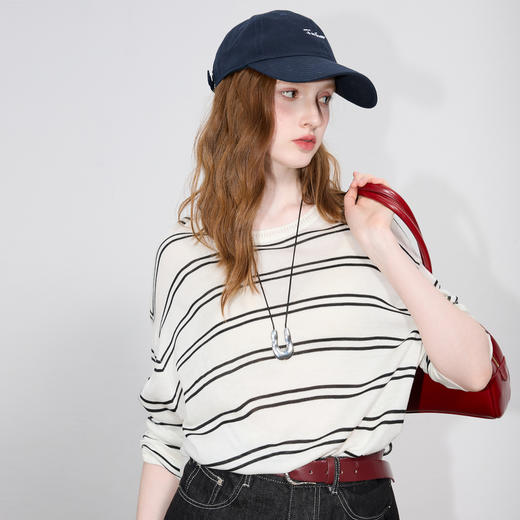 三彩2025秋季新款圆领针织衫落肩袖毛衫宽松条纹套头衫M 商品图2