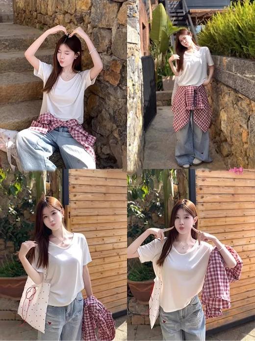 （夏末清仓 69.9元3件限时秒杀！设满减加购3件立减！！）鹅蛋领短袖T恤 夏季2025新款V领宽松慵懒风大领口显瘦上衣女 商品图8